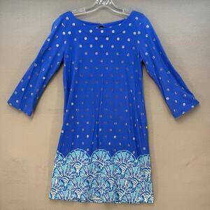 Lilly Pulitzer Grotto Beach Keyhole Shift Dress Women's S Day Blue Gold EUC